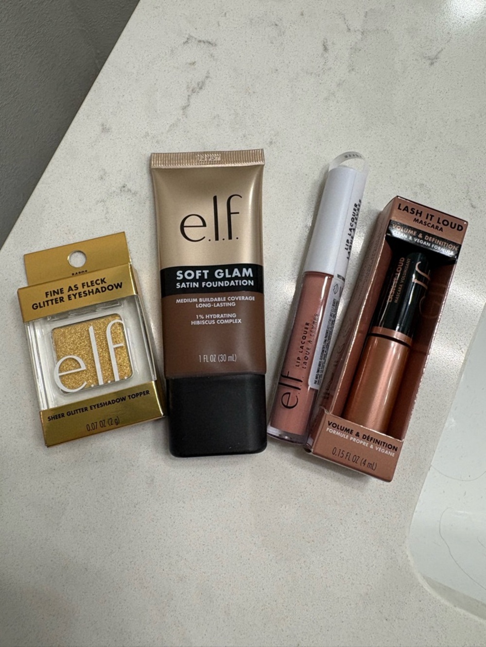ELF Soft Glam Foundation & Lip Gloss, Mini Mascara and Gold Glitter Shadow 🆕